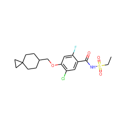 CCS(=O)(=O)NC(=O)c1cc(Cl)c(OCC2CCC3(CC2)CC3)cc1F ZINC000216247159