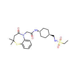 CCS(=O)(=O)NC[C@H]1CC[C@H](NC(=O)CN2C(=O)CC(C)(C)Sc3ccccc32)CC1 ZINC000261094158