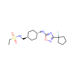 CCS(=O)(=O)NC[C@H]1CC[C@H](Nc2nc(C3(F)CCCC3)no2)CC1 ZINC000261172367