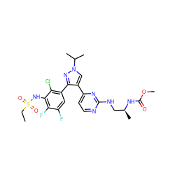 CCS(=O)(=O)Nc1c(F)c(F)cc(-c2nn(C(C)C)cc2-c2ccnc(NC[C@H](C)NC(=O)OC)n2)c1Cl ZINC000146871920