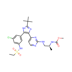 CCS(=O)(=O)Nc1cc(Cl)cc(-c2[nH]c(C(C)(C)C)nc2-c2ccnc(NC[C@H](C)NC(=O)OC)n2)c1 ZINC000169694641