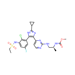 CCS(=O)(=O)Nc1cc(F)cc(-c2[nH]c(C3CC3)nc2-c2ccnc(NC[C@H](C)NC(=O)OC)n2)c1Cl ZINC000169694662