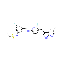 CCS(=O)(=O)Nc1cc(F)cc(CNc2ccc(Cc3c[nH]c4ncc(C)cc34)c(F)n2)c1 ZINC000146217099