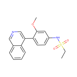 CCS(=O)(=O)Nc1ccc(-c2cncc3ccccc23)c(OC)c1 ZINC000114025573