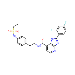 CCS(=O)(=O)Nc1ccc(CCNC(=O)c2ccnc3nc(-c4ccc(F)cc4F)[nH]c23)cc1 ZINC000084651896