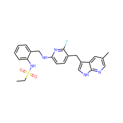 CCS(=O)(=O)Nc1ccccc1CNc1ccc(Cc2c[nH]c3ncc(C)cc23)c(F)n1 ZINC000198745535