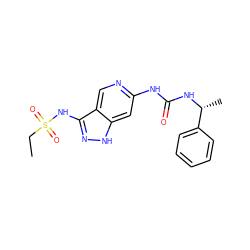 CCS(=O)(=O)Nc1n[nH]c2cc(NC(=O)N[C@H](C)c3ccccc3)ncc12 ZINC000210709376