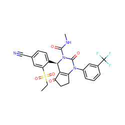 CCS(=O)(=O)c1cc(C#N)ccc1[C@@H]1C2=C(CCC2=O)N(c2cccc(C(F)(F)F)c2)C(=O)N1C(=O)NC ZINC001772647749