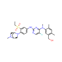 CCS(=O)(=O)c1cc(Nc2ncc(F)c(N(C)c3cc(CO)c(C)cc3C)n2)ccc1N1C[C@@H]2C[C@H]1CN2C ZINC000616567973