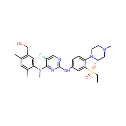 CCS(=O)(=O)c1cc(Nc2ncc(F)c(N(C)c3cc(CO)c(C)cc3C)n2)ccc1N1CCN(C)CC1 ZINC001772586850