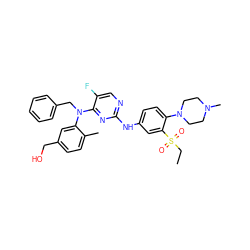 CCS(=O)(=O)c1cc(Nc2ncc(F)c(N(Cc3ccccc3)c3cc(CO)ccc3C)n2)ccc1N1CCN(C)CC1 ZINC001772579112