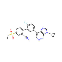 CCS(=O)(=O)c1ccc(-c2cc(-c3cnnc4c3ncn4C3CC3)ccc2F)c(C#N)c1 ZINC000150107032