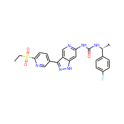 CCS(=O)(=O)c1ccc(-c2n[nH]c3cc(NC(=O)N[C@H](C)c4ccc(F)cc4)ncc23)cn1 ZINC000261102870