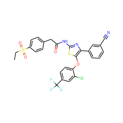 CCS(=O)(=O)c1ccc(CC(=O)Nc2nc(-c3cccc(C#N)c3)c(Oc3ccc(C(F)(F)F)cc3Cl)s2)cc1 ZINC000217800723