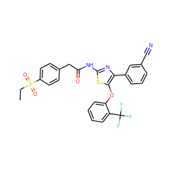 CCS(=O)(=O)c1ccc(CC(=O)Nc2nc(-c3cccc(C#N)c3)c(Oc3ccccc3C(F)(F)F)s2)cc1 ZINC000203339021