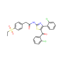 CCS(=O)(=O)c1ccc(CC(=O)Nc2nc(-c3ccccc3Cl)c(C(=O)c3ccccc3Cl)s2)cc1 ZINC000113253984