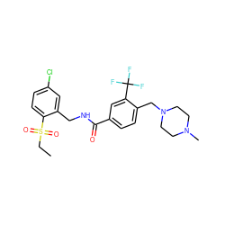 CCS(=O)(=O)c1ccc(Cl)cc1CNC(=O)c1ccc(CN2CCN(C)CC2)c(C(F)(F)F)c1 ZINC000205364724