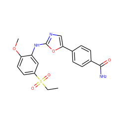 CCS(=O)(=O)c1ccc(OC)c(Nc2ncc(-c3ccc(C(N)=O)cc3)o2)c1 ZINC000013611316