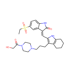 CCS(=O)(=O)c1ccc2c(c1)/C(=C/c1[nH]c3c(c1CCCN1CCN(C(=O)CO)CC1)CCCC3)C(=O)N2 ZINC000029554068