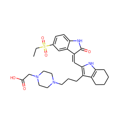 CCS(=O)(=O)c1ccc2c(c1)/C(=C/c1[nH]c3c(c1CCCN1CCN(CC(=O)O)CC1)CCCC3)C(=O)N2 ZINC000023310413