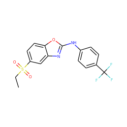 CCS(=O)(=O)c1ccc2oc(Nc3ccc(C(F)(F)F)cc3)nc2c1 ZINC000073314577