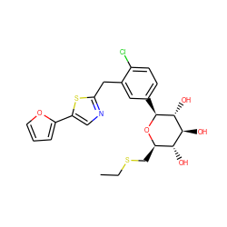 CCSC[C@H]1O[C@@H](c2ccc(Cl)c(Cc3ncc(-c4ccco4)s3)c2)[C@H](O)[C@@H](O)[C@@H]1O ZINC000066252610