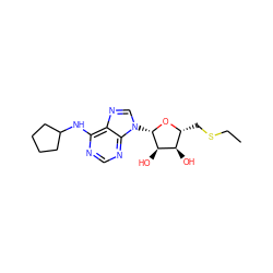 CCSC[C@H]1O[C@@H](n2cnc3c(NC4CCCC4)ncnc32)[C@H](O)[C@@H]1O ZINC000013776774