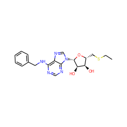 CCSC[C@H]1O[C@@H](n2cnc3c(NCc4ccccc4)ncnc32)[C@H](O)[C@@H]1O ZINC000013796803