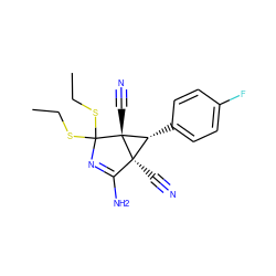 CCSC1(SCC)N=C(N)[C@]2(C#N)[C@@H](c3ccc(F)cc3)[C@@]12C#N ZINC000103021028