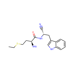 CCSCC[C@H](N)C(=O)N[C@H](C#N)Cc1c[nH]c2ccccc12 ZINC000049032531