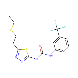 CCSCCc1nnc(NC(=O)Nc2cccc(C(F)(F)F)c2)s1 ZINC000008743465