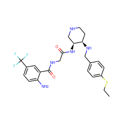 CCSc1ccc(CN[C@@H]2CCNC[C@@H]2NC(=O)CNC(=O)c2cc(C(F)(F)F)ccc2N)cc1 ZINC000040424786