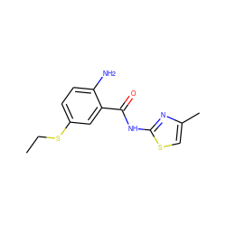 CCSc1ccc(N)c(C(=O)Nc2nc(C)cs2)c1 ZINC000040845077