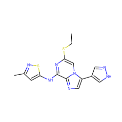 CCSc1cn2c(-c3cn[nH]c3)cnc2c(Nc2cc(C)ns2)n1 ZINC000072111218