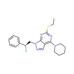 CCSc1nc(N2CCCCC2)c2cnn(C[C@@H](Cl)c3ccccc3)c2n1 ZINC000013682755