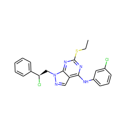 CCSc1nc(Nc2cccc(Cl)c2)c2cnn(C[C@@H](Cl)c3ccccc3)c2n1 ZINC000028862122