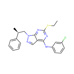 CCSc1nc(Nc2cccc(Cl)c2)c2cnn(C[C@H](C)c3ccccc3)c2n1 ZINC000299864841