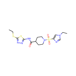 CCSc1nnc(NC(=O)C2CCN(S(=O)(=O)c3cn(CC)cn3)CC2)s1 ZINC000064957519