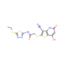 CCSc1nnc(NC(=O)CSc2sc3c(O)cc(=O)[nH]c3c2C#N)s1 ZINC000015879923