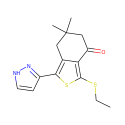 CCSc1sc(-c2cc[nH]n2)c2c1C(=O)CC(C)(C)C2 ZINC000013472680