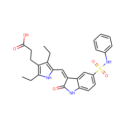 CCc1[nH]c(/C=C2\C(=O)Nc3ccc(S(=O)(=O)Nc4ccccc4)cc32)c(CC)c1CCC(=O)O ZINC000034177025