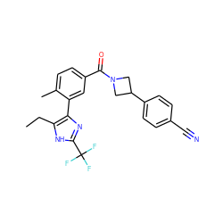 CCc1[nH]c(C(F)(F)F)nc1-c1cc(C(=O)N2CC(c3ccc(C#N)cc3)C2)ccc1C ZINC000220790641