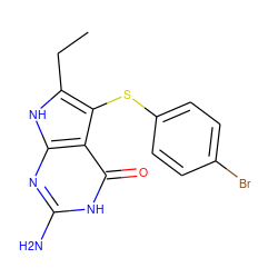 CCc1[nH]c2nc(N)[nH]c(=O)c2c1Sc1ccc(Br)cc1 ZINC000013680756