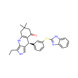 CCc1[nH]cc2c1NC1=C(C(=O)CC(C)(C)C1)[C@H]2c1cccc(Sc2nc3ccccc3[nH]2)c1 ZINC000204758222