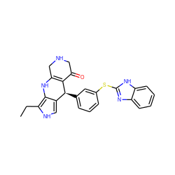 CCc1[nH]cc2c1NC1=C(C(=O)CNC1)[C@H]2c1cccc(Sc2nc3ccccc3[nH]2)c1 ZINC000204758281