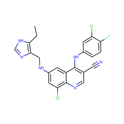 CCc1[nH]cnc1CNc1cc(Cl)c2ncc(C#N)c(Nc3ccc(F)c(Cl)c3)c2c1 ZINC000014977450