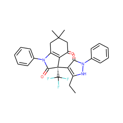 CCc1[nH]n(-c2ccccc2)c(=O)c1[C@@]1(C(F)(F)F)C(=O)N(c2ccccc2)C2=C1C(=O)CC(C)(C)C2 ZINC000040951872