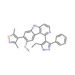 CCc1[nH]nc(-c2ccccc2)c1-c1nccc2[nH]c3cc(-c4c(C)noc4C)c(OC)cc3c12 ZINC000473134379