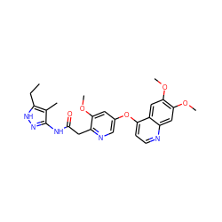 CCc1[nH]nc(NC(=O)Cc2ncc(Oc3ccnc4cc(OC)c(OC)cc34)cc2OC)c1C ZINC000084596736