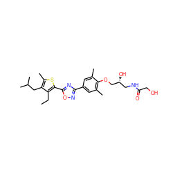 CCc1c(-c2nc(-c3cc(C)c(OC[C@H](O)CNC(=O)CO)c(C)c3)no2)sc(C)c1CC(C)C ZINC000103257891